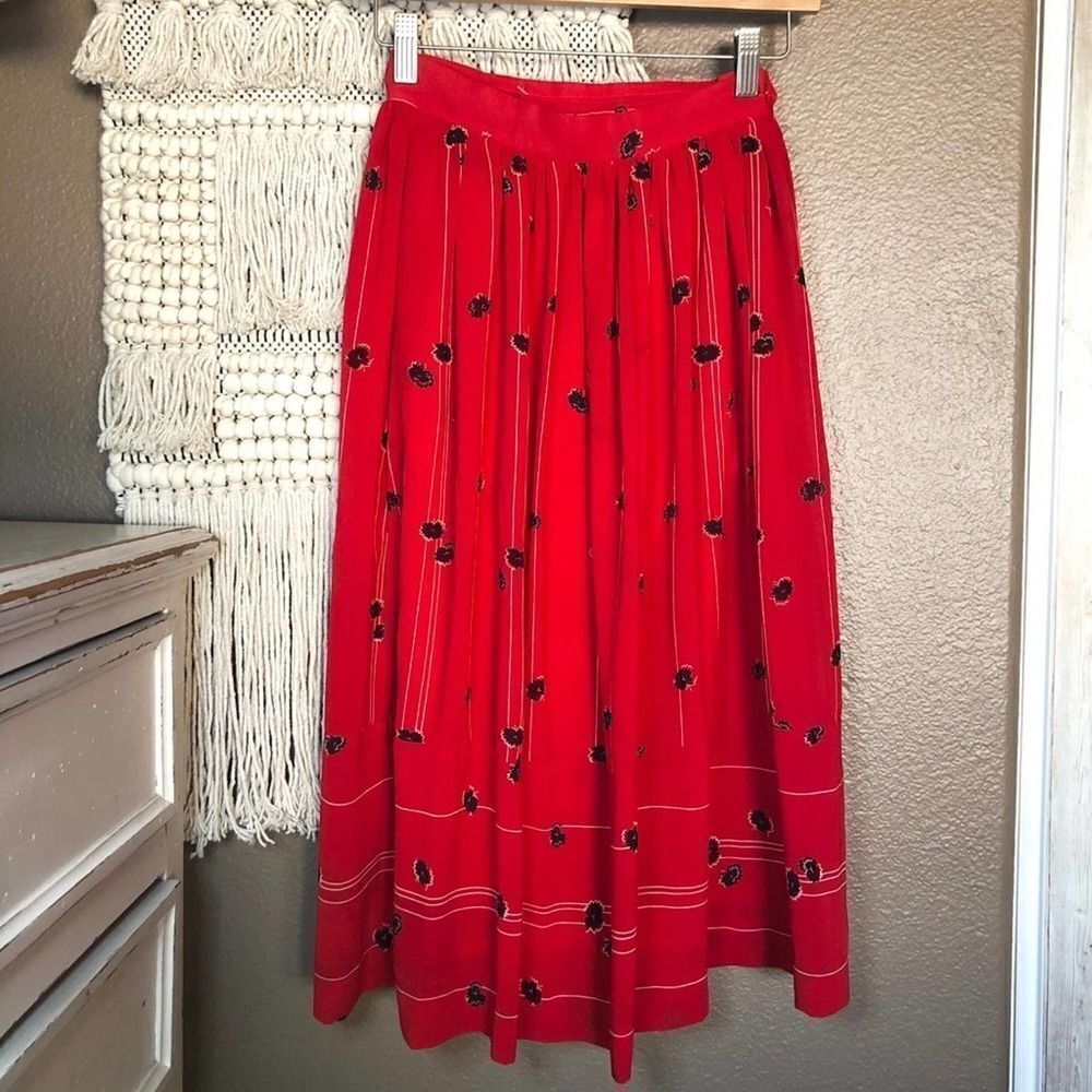 Campus Casuals Vintage Red Floral Pleated Skirt